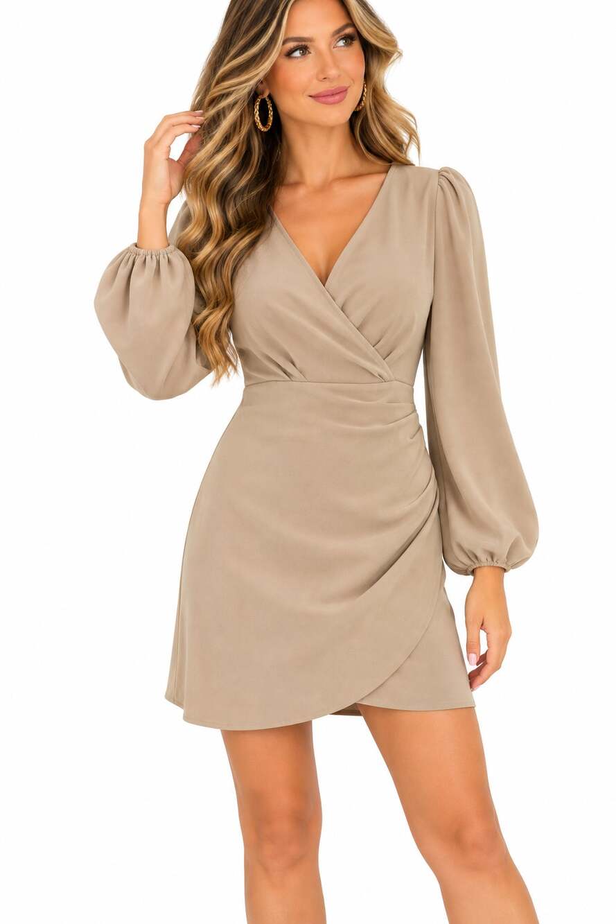 Cupshee Women's Sz Small Beige Ruched Long Sleeve Mini Thanksgiving Party Dress